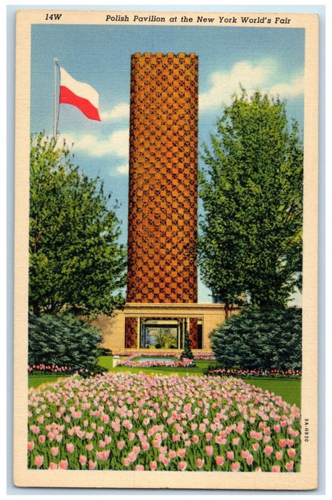 c1930's Polish Pavilion At The New York World's Fair Flowers Flag Scene Postcard
