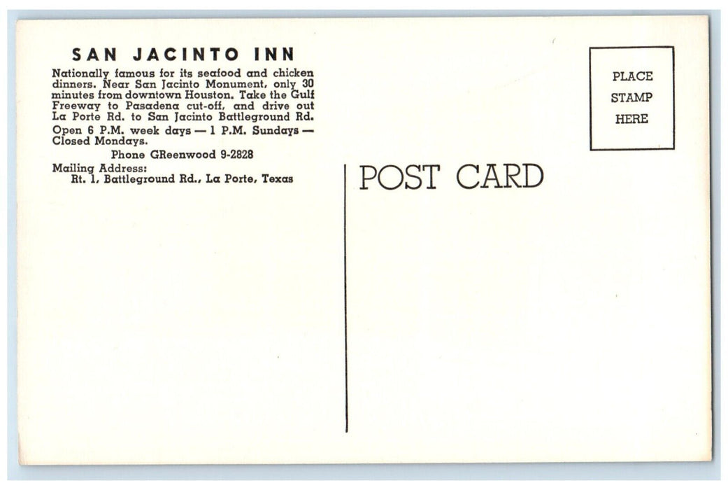 c1950's San Jacinto Inn Hotel Houston Texas TX Unposted Vintage Postcard
