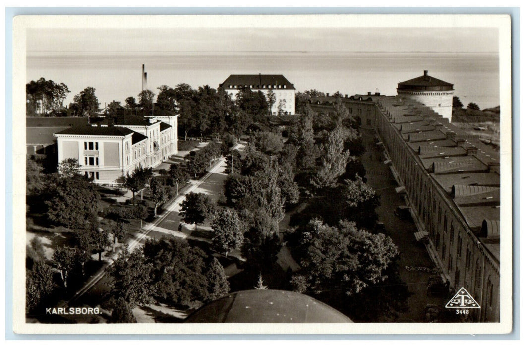 c1930's Buildings Railroad Trees View Karlsborg Sweden RPPC Photo Postcard