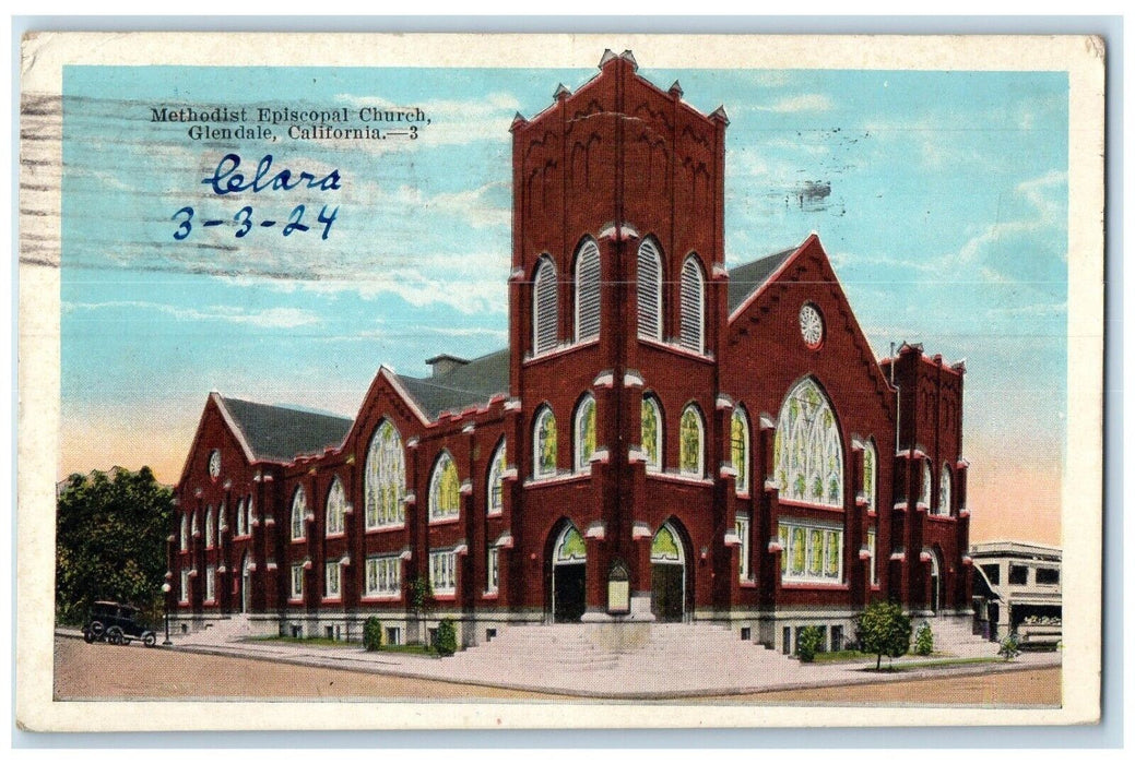 1924 Methodist Episcopal Church Street Scene Glendale California CA Postcard