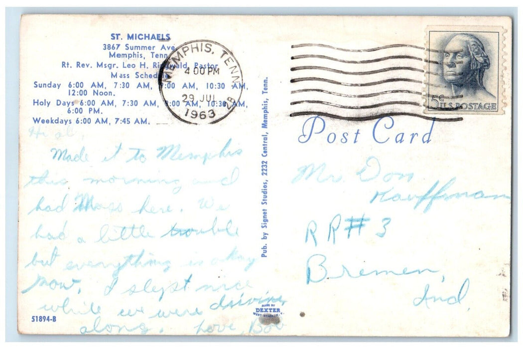 1963 St. Michaels Summer Ave. Mass Schedule Exterior Memphis Tennessee Postcard