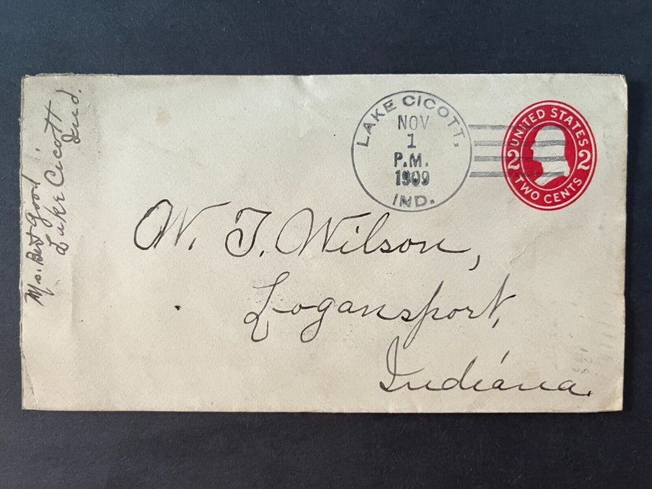 1909 Mr. Wilson Lake Cicott Indiana Logansport Doane Cancel 2 Cent Cover