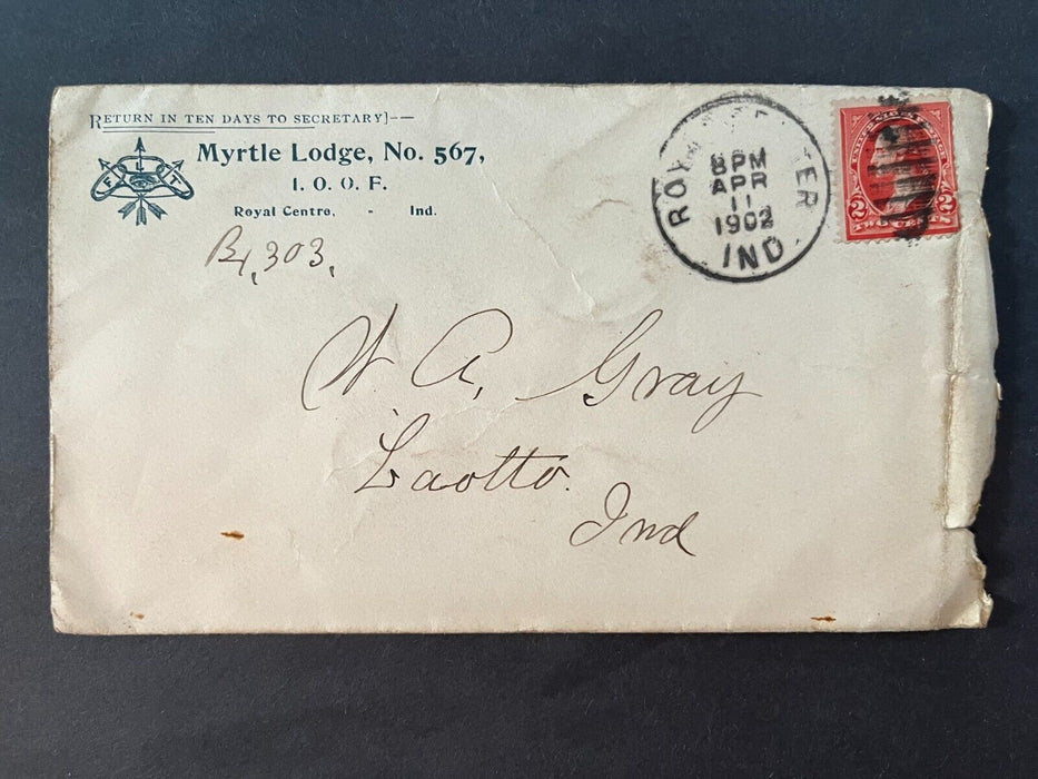 1902 Myrtle Lodge No.567 IOOF Royal Centre Indiana Laotto Duplex Cancel Cover