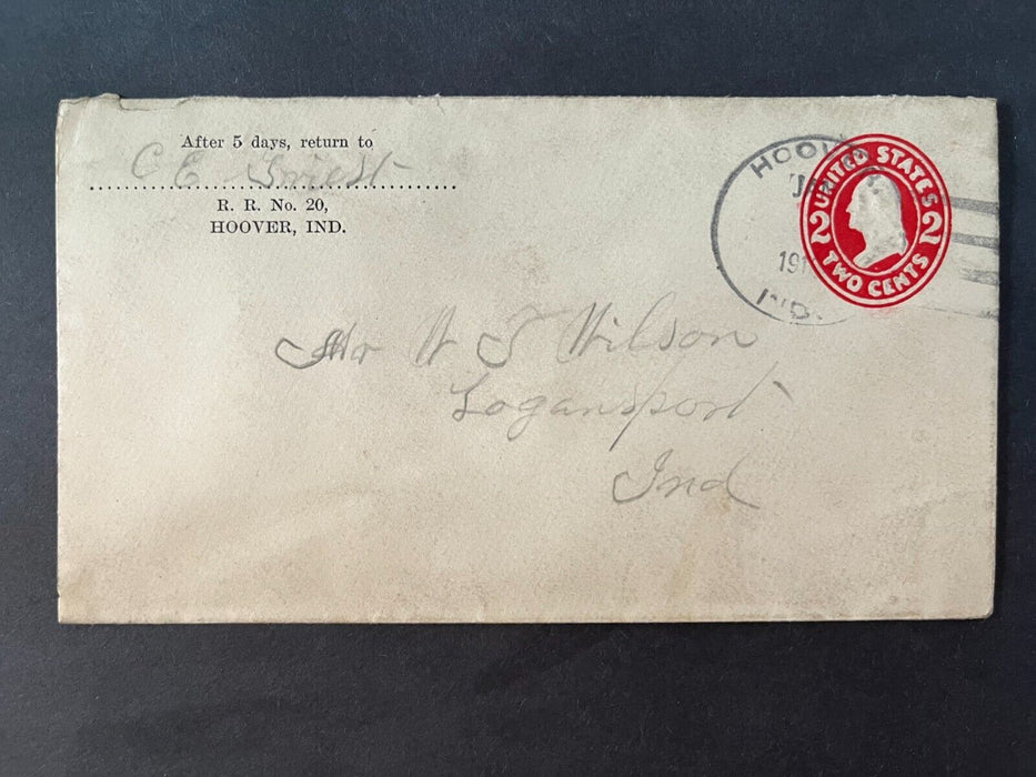 c1910's CE RR No. 20 Hoover Indiana Logansport Doane Cancel 2 Cent Cover