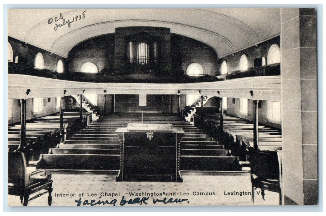 c1940 Interior Lee Chapel Washington Lee Campus Lexington Virginia VA Postcard