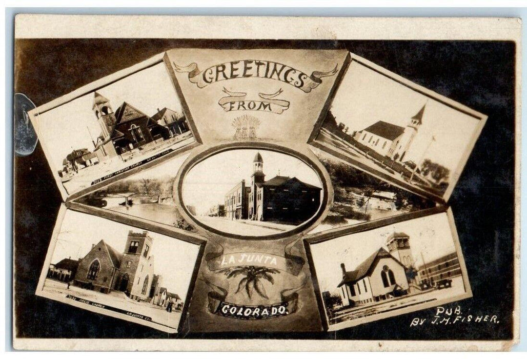 1923 Greetings Church Multiview Fisher La Junta Colorado CO RPPC Photo Postcard