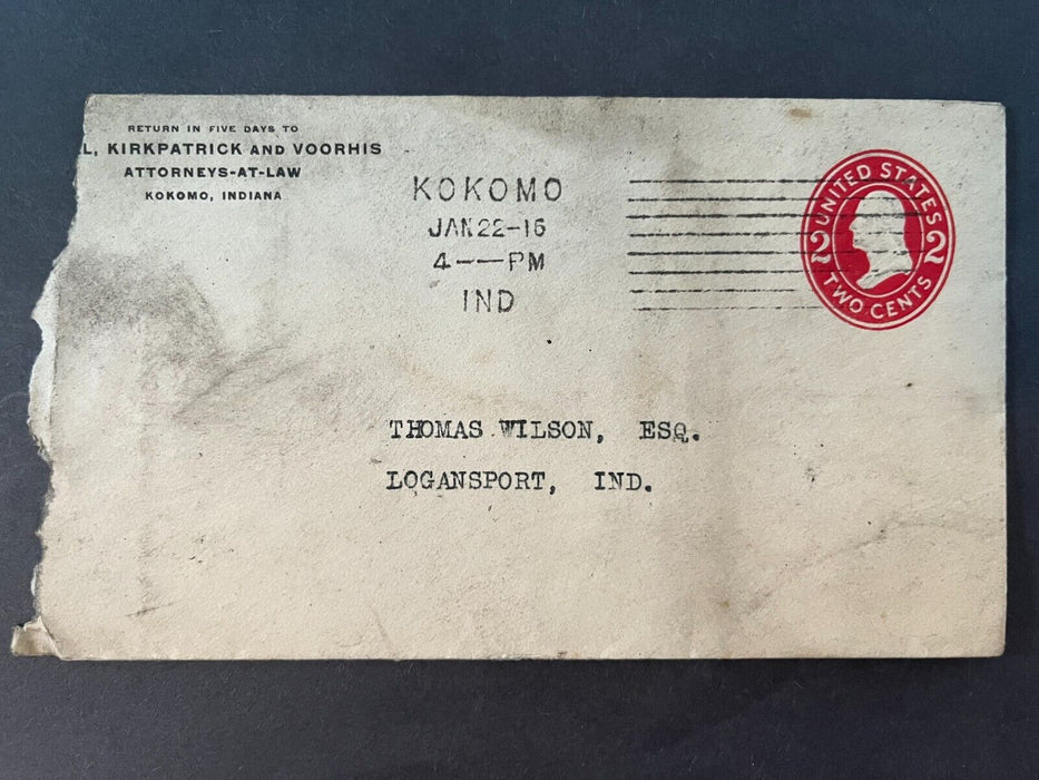 1916 Attorney Kirkpatrick And Voorhis Kokomo Indiana To Logansport 2 Cent Cover