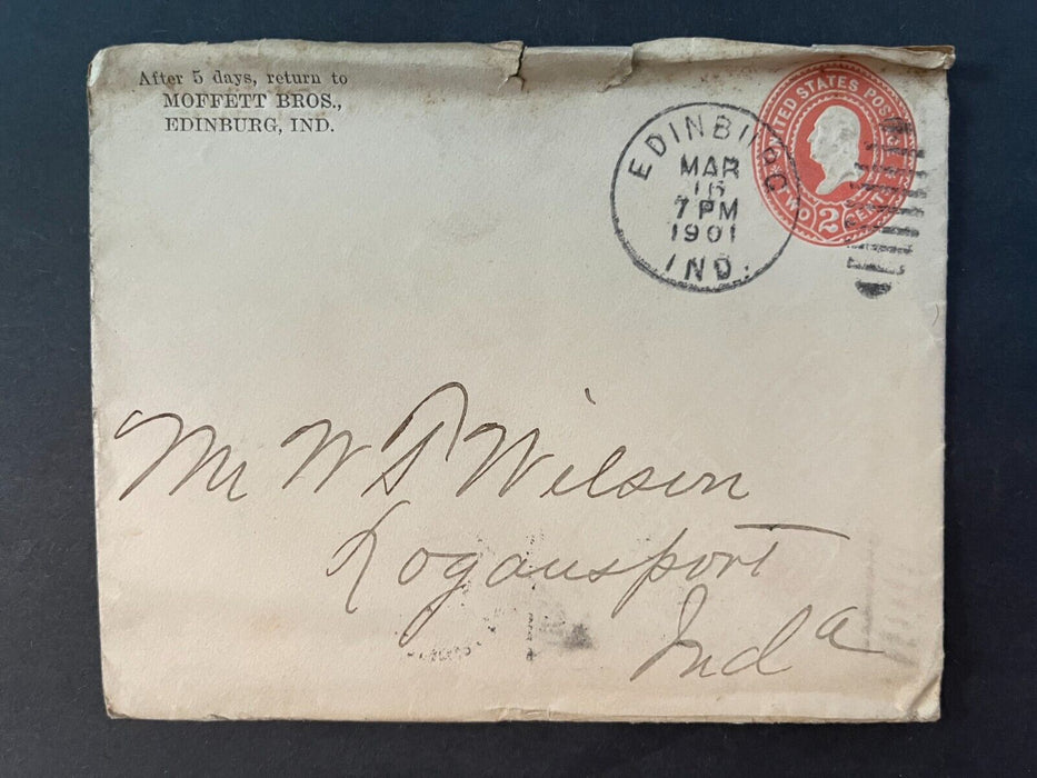 1901 Moffett Bros Edinburg Indiana To Logansport Duplex Cancel 2 Cent Cover