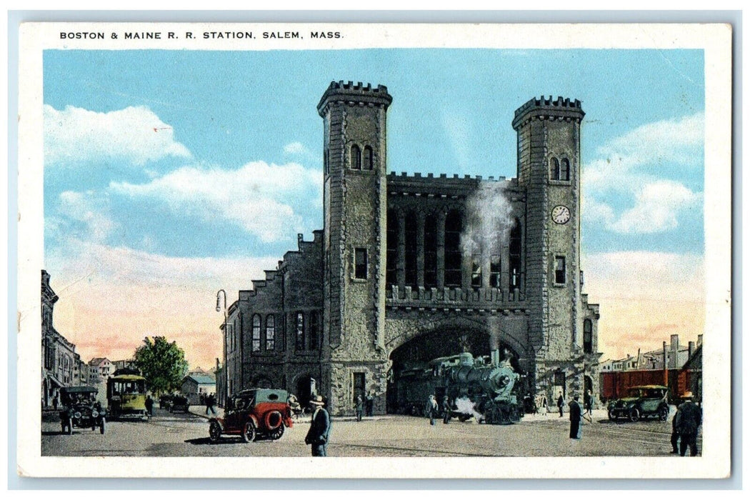 c1920's Boston & Maine RR Station Cars Salem Massachusetts MA Vintage Postcard