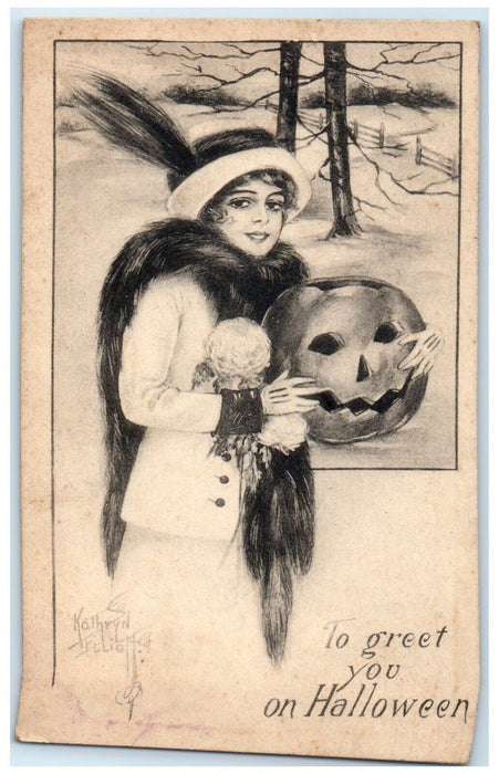 c1910's Halloween Woman Holding Jol Jack O Lantern Kathryn Elliott Postcard