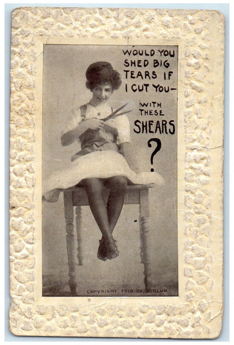 1911 Macabre Weird Humor Scissors Would You Cry If I Cut You? Woman Postcard
