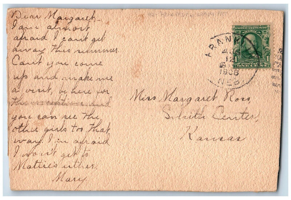 1908 Hand Painted Pink Flowers Franklin Nebraska NE Posted Antique Postcard