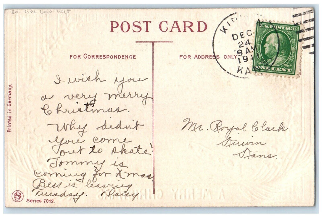1911 Merry Christmas Mary Religious Gel Golt Gilt Kirkland Kansas KS Postcard