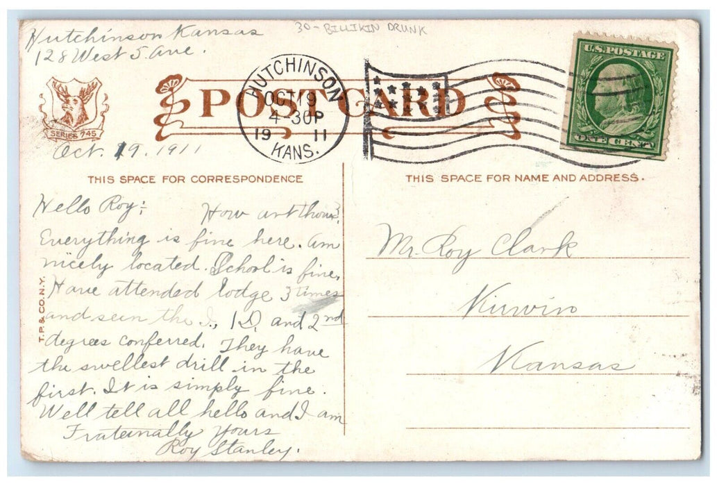 1911 Billikin Drunk Police Squirrel Hutchinson Kansas KS Posted Antique Postcard