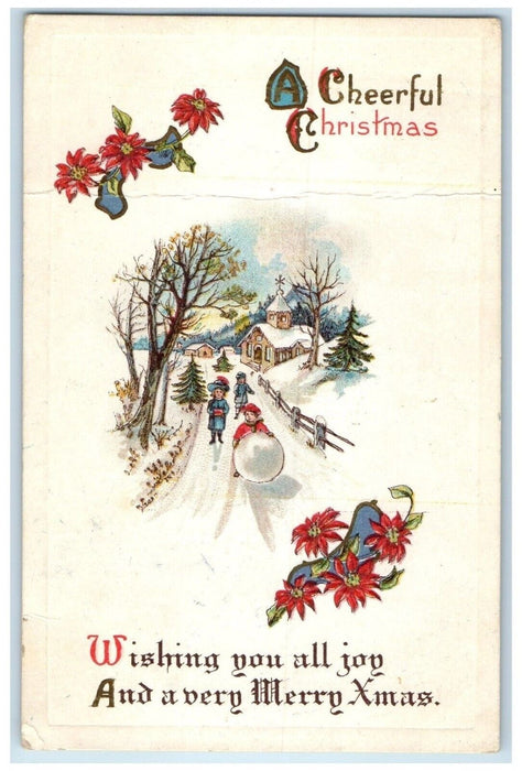 Christmas Children Big Snowball Winter Poinsettia Embossed Cedar KS DPO Postcard