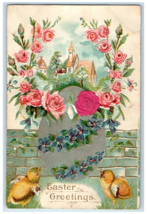 1908 Easter Greetings Roses Flowers Egg Chick Embossed Cedar KS DPO Postcard