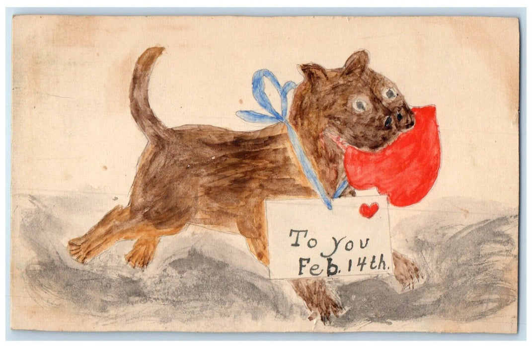 c1905 Valentine Hand Drawn Art Dog Necklace Tag Heart Unposted Antique Postcard