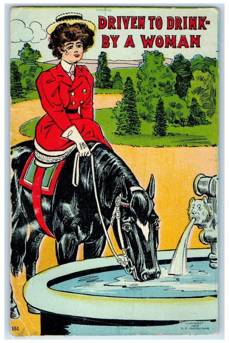 1909 Woman Riding Horse Driven To Drink By A Woman Alcohol Humor Posted Postcard