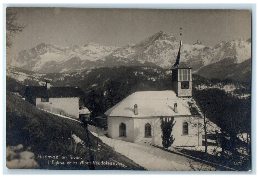 1931 The Church Waldensian Alps Huemoz In Winter Switzerland RPPC Photo Postcard