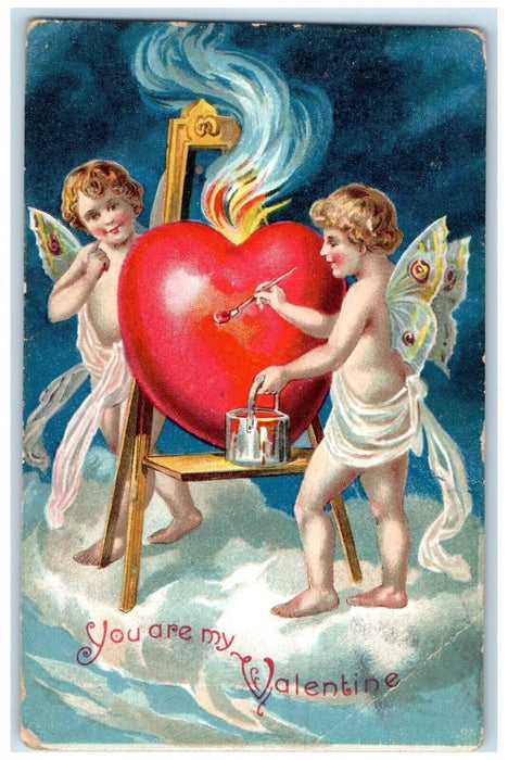 c1910's Valentine Angel Butterfly Wings Painting Heart Embossed Antique Postcard