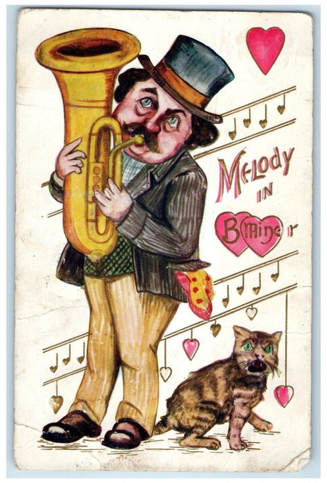 1910 Valentine Man Tuba Melody Trumpet Cat Embossed St. Joseph MO Postcard