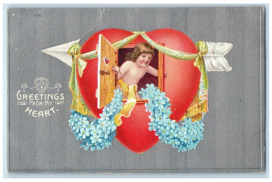 1911 Valentine Greetings Heart Window Arrow Pansies Flowers Embossed Postcard