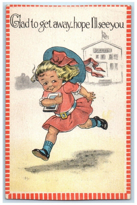1915 Little Girl Running School Glad To Get Away Hope I'll See You Postcard