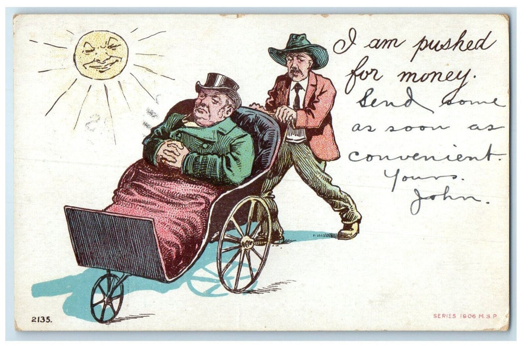 1907 I am Pushed For Money Anthropomorphic Sun Smith Center Kansas KS Postcard