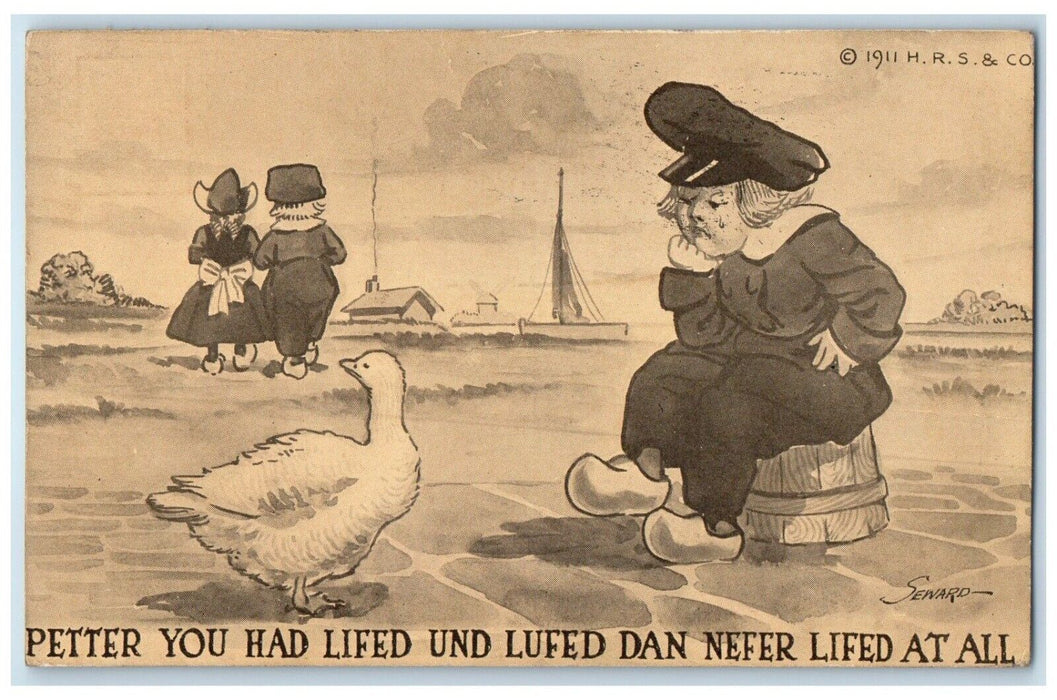 1914 Dutch Kids Crying Duck Boat Seward Manhattan Kansas KS Antique Postcard