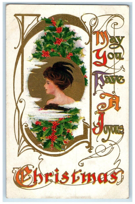 1910 Christmas Woman Holly Berries Embossed York Pennsylvania PA Posted Postcard