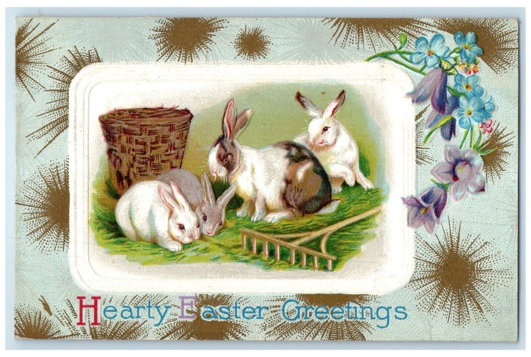 Easter Greetings Bunny Rabbit Basket Flowers Embossed Kirwin Kansas KS Postcard