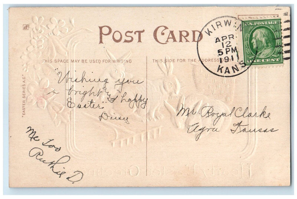 Easter Greetings Bunny Rabbit Basket Flowers Embossed Kirwin Kansas KS Postcard