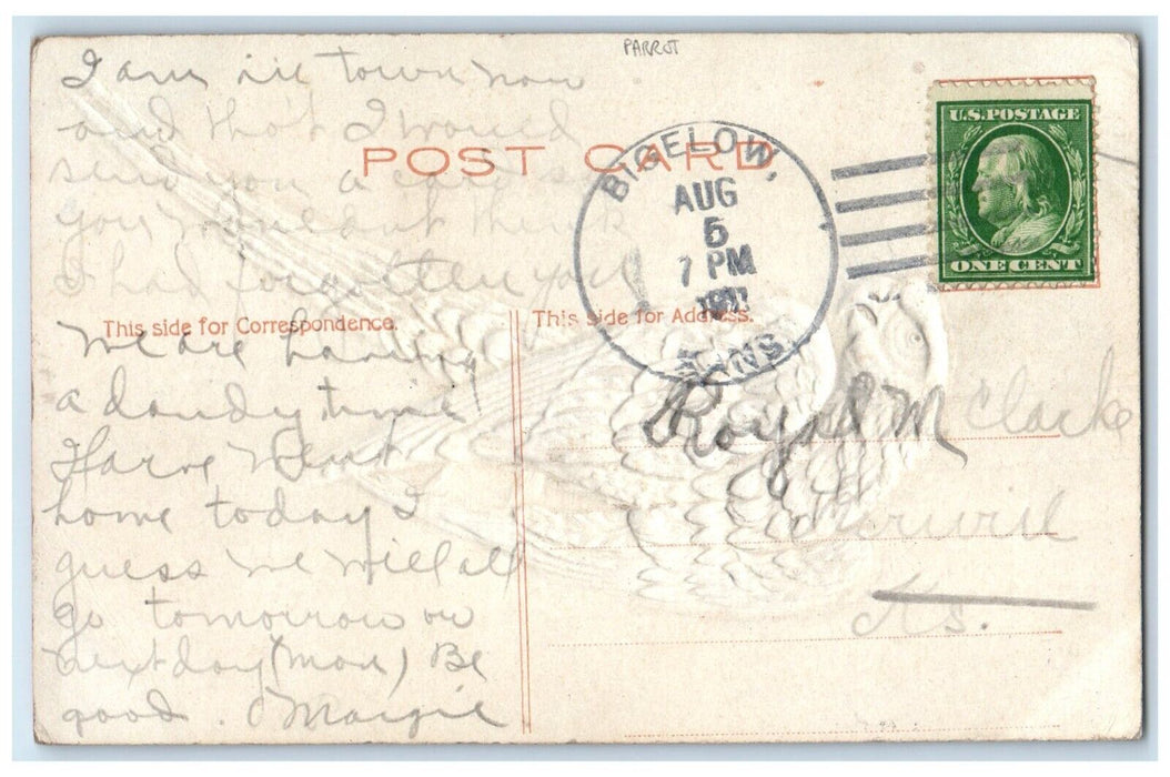 1911 Parrot If You Can't Say More Say Hello Bigelow Kansas KS Embossed Postcard