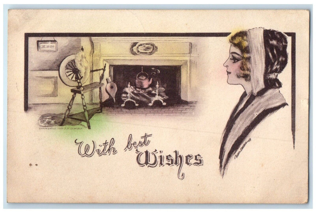 1911 Woman Fireplace Kettle Spinning Wheel Cobb Shinn Atchinson RPO Postcard