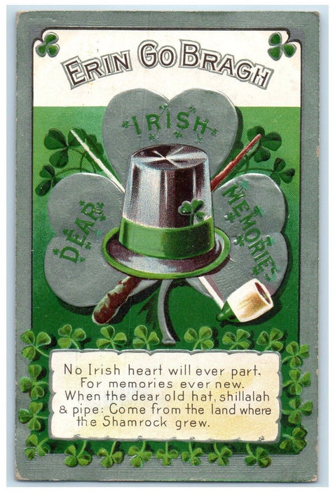 1911 St. Patrick's Day Shamrocks Hat Pipe Embossed Kirwin Kansas KS Postcard