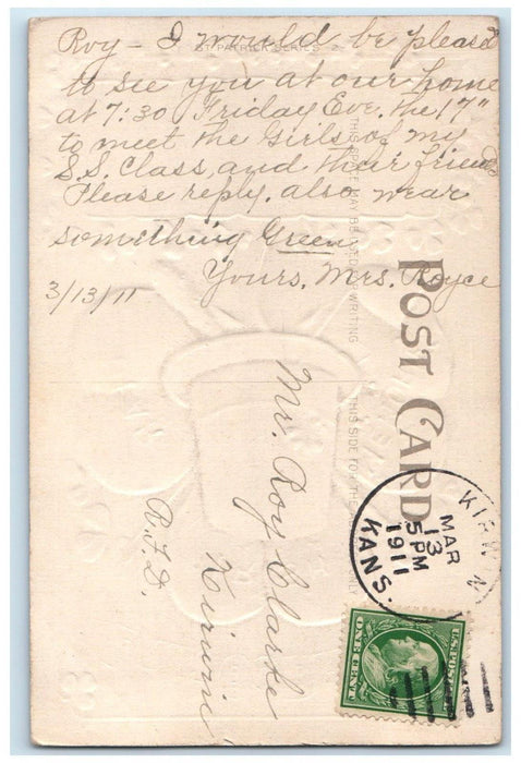 1911 St. Patrick's Day Shamrocks Hat Pipe Embossed Kirwin Kansas KS Postcard