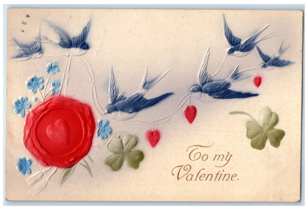 1911 Valentine Heart Dove Birds Flowers Shamrock Embossed Kirwin KS Postcard