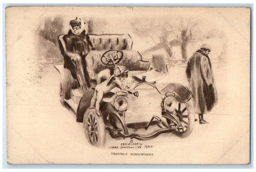 1911 Trouble Somewhere Broken Car Angel Kirwin Kansas KS Posted Antique Postcard