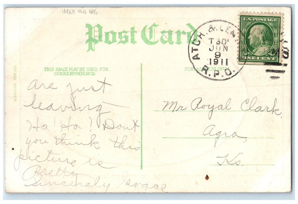 1911 Ugly Old Hag Curly Hair Fan Agra Kansas RPO Posted Antique Postcard