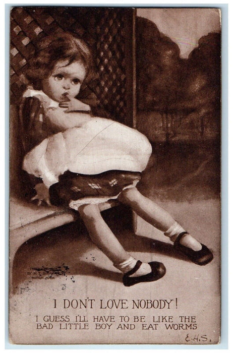 1909 Little Girl I Don't Love Nobody Sheahan's Agra Kansas KS Antique Postcard