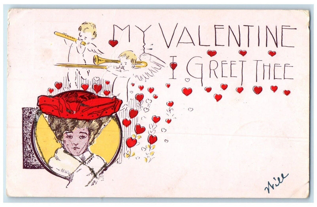 1907 Valentine Greet Thee Angel Trumpet Float Hearts Tyler Texas TX Postcard