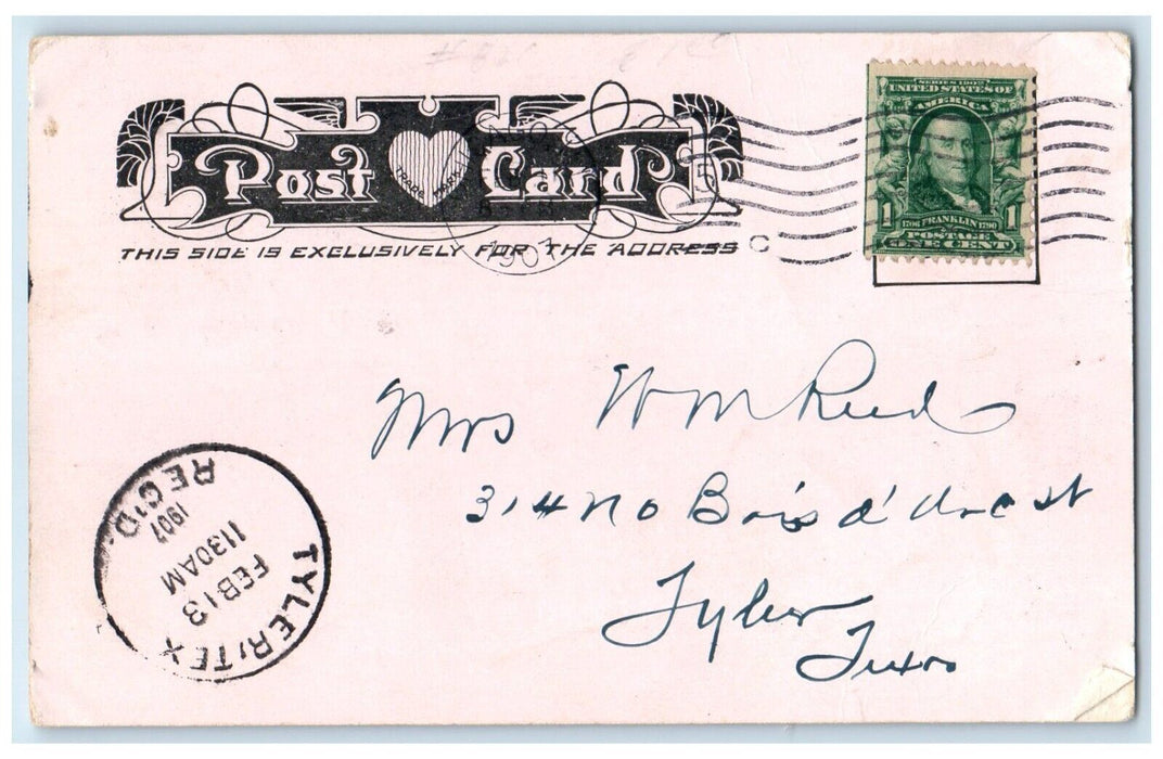 1907 Valentine Greet Thee Angel Trumpet Float Hearts Tyler Texas TX Postcard