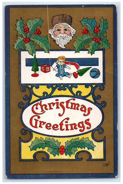 c1910's Christmas Greetings Toys Holly Berries Embossed Antique Postcard