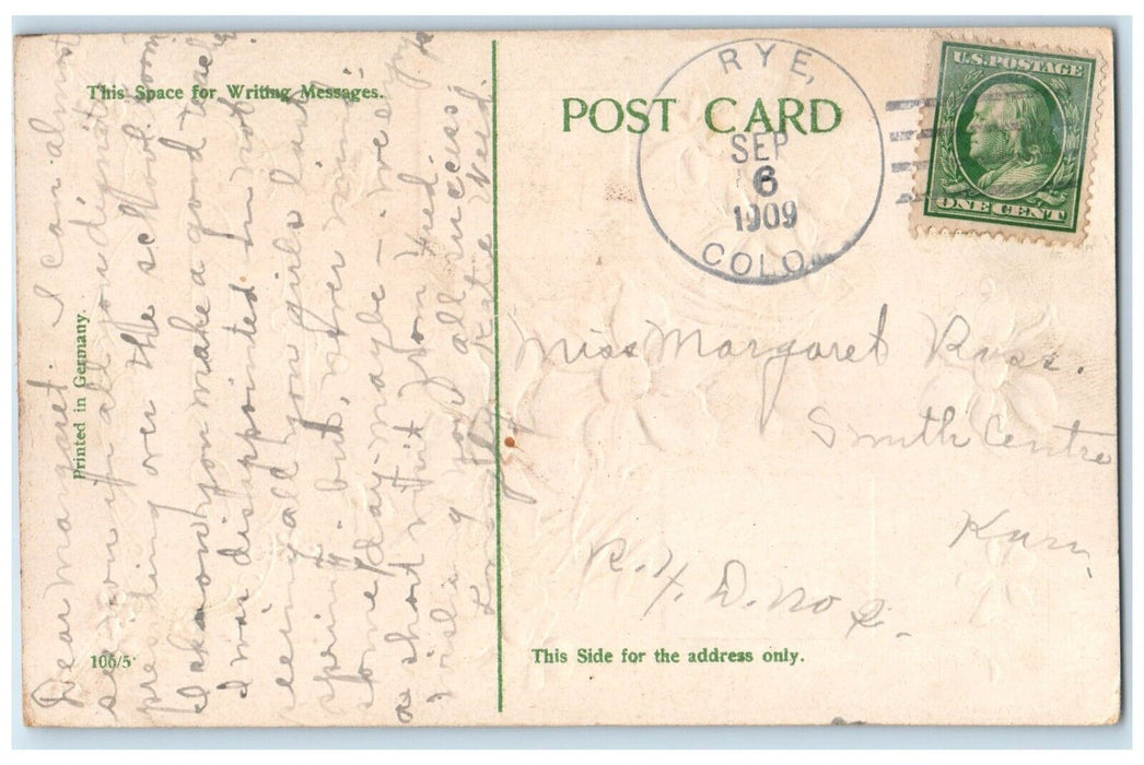 1909 Greetings TJHM Flowers Embossed Rye Colorado CO Posted Antique Postcard