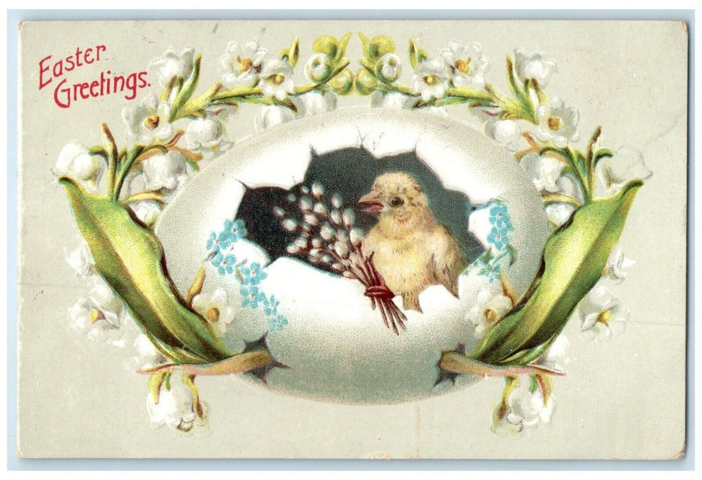 c1910's Easter Greetings Hatched Egg Chick Pipe Berry Flowers Embossed Postcard