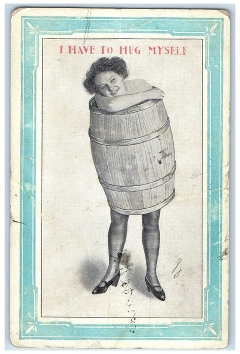 1911 Woman Barrel I Have To Hug Myself Maxwell Nebraska NE Antique Postcard