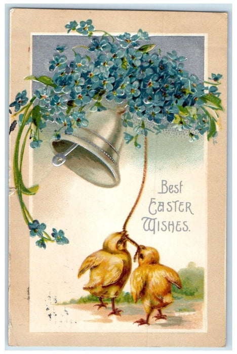 1909 Easter Wishes Chicks Ringing Bell Pansies Flowers Clapsaddle Postcard