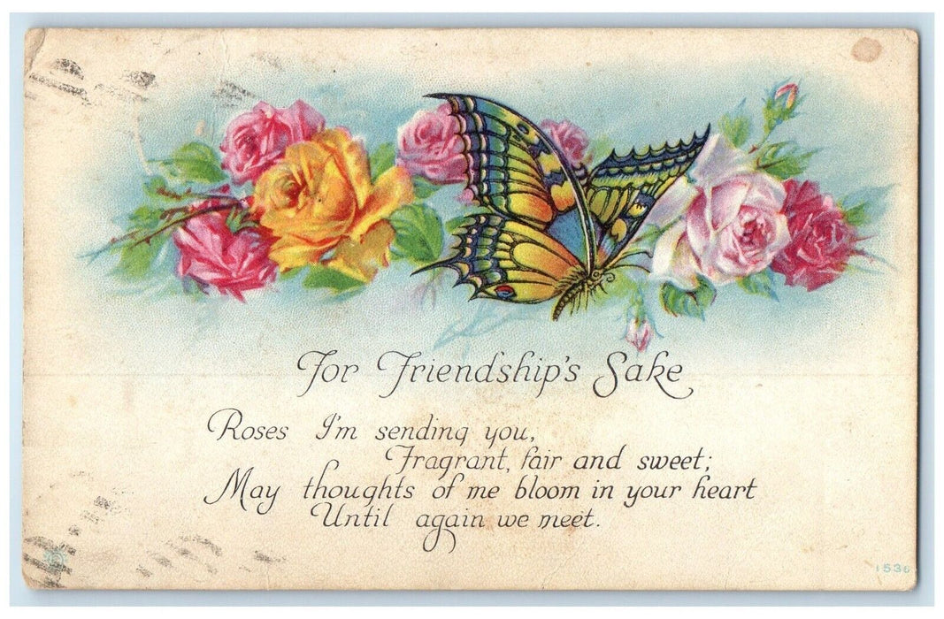 1919 For Friendship's Sake Butterfly Flowers Kirwin Kansas KS Antique Postcard