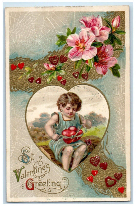 1910 Valentine Greetings Girl Hearts Flowers Winsch Back Embossed Postcard