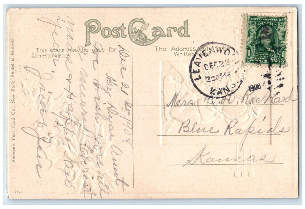 1908 Christmas Greetings Girl Holly Berries Snowfall Embossed Antique Postcard